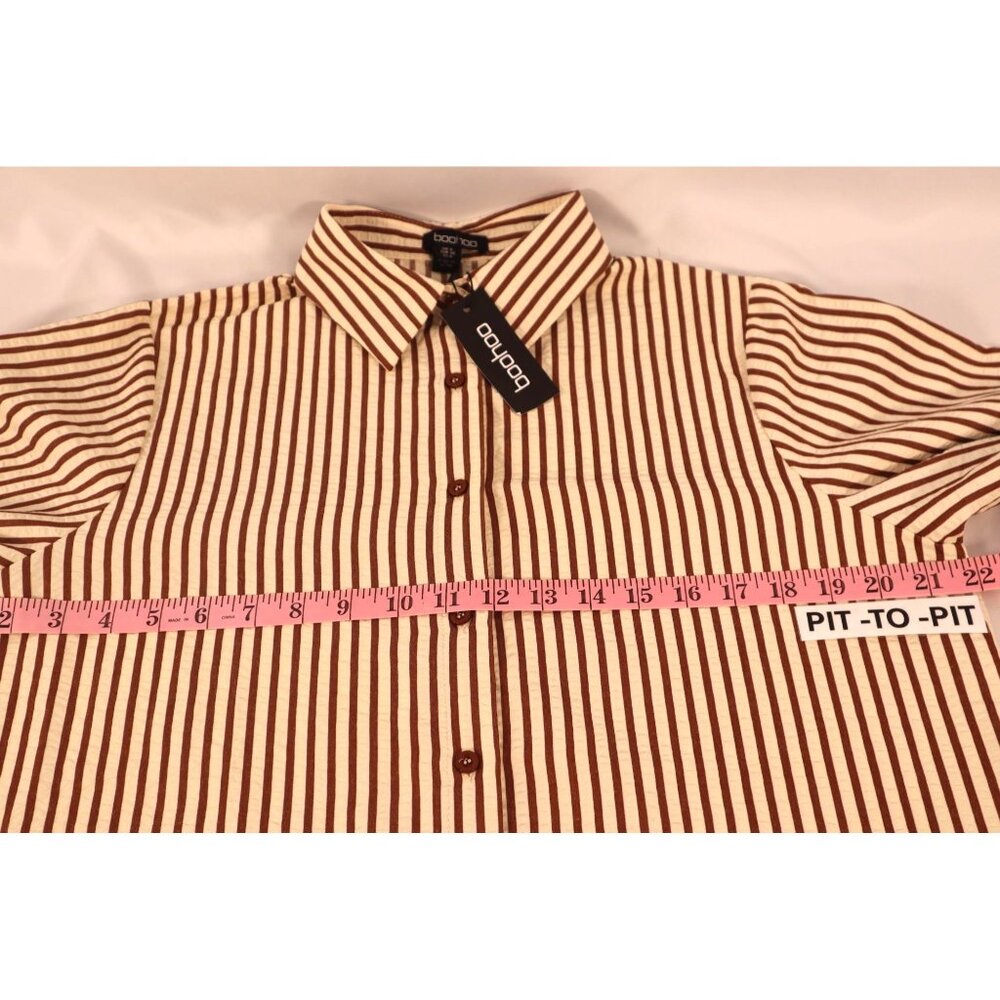 Boohoo women's Striped beach shirt chocolate Button-Up Long Sleeve Size 4 petit - Picture 10 of 16